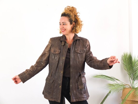 Vintage 90s does 70s brown leather jacket women, … - image 4