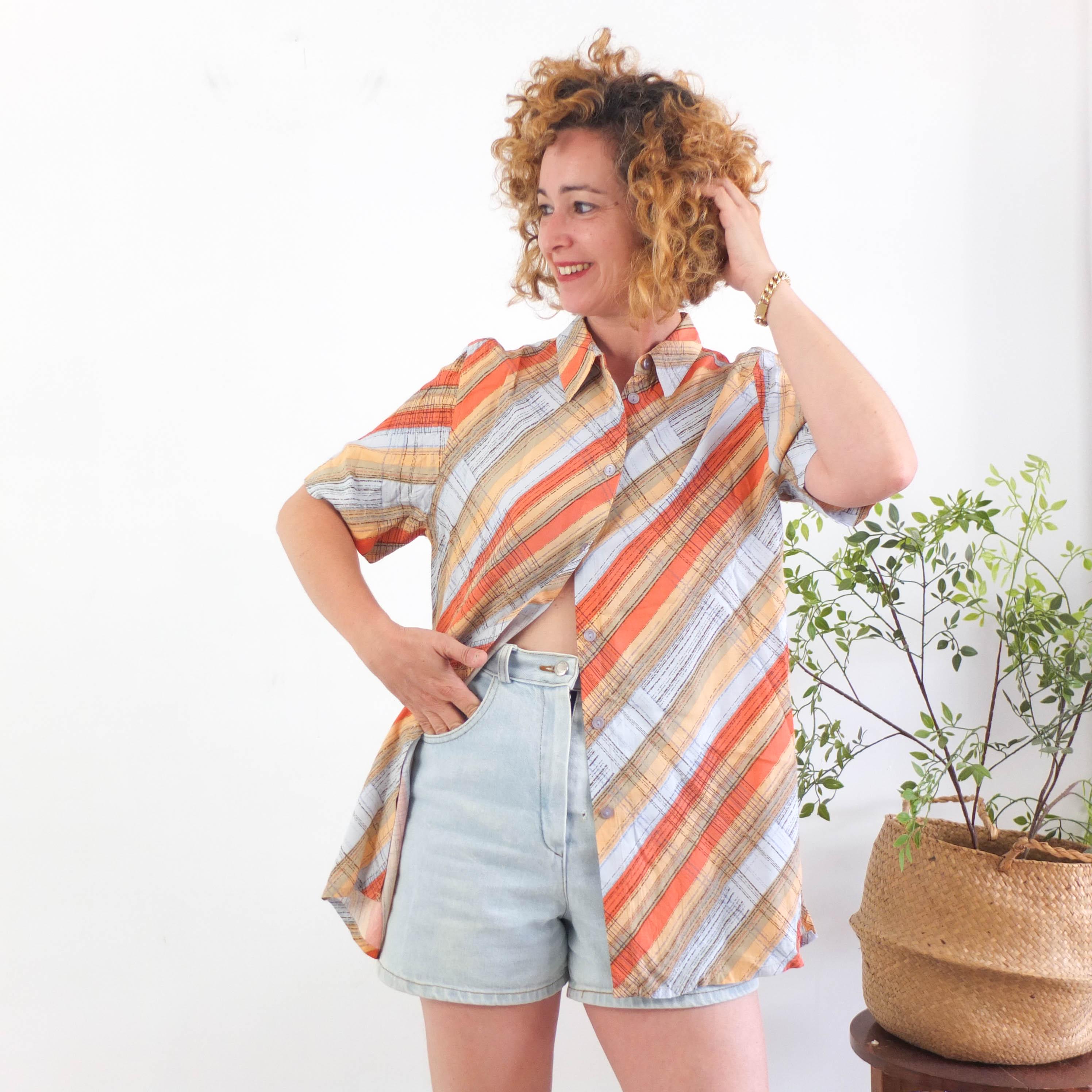 Vintage 90s Striped Oversized Shirt, 1990s Short Sleeve Button up