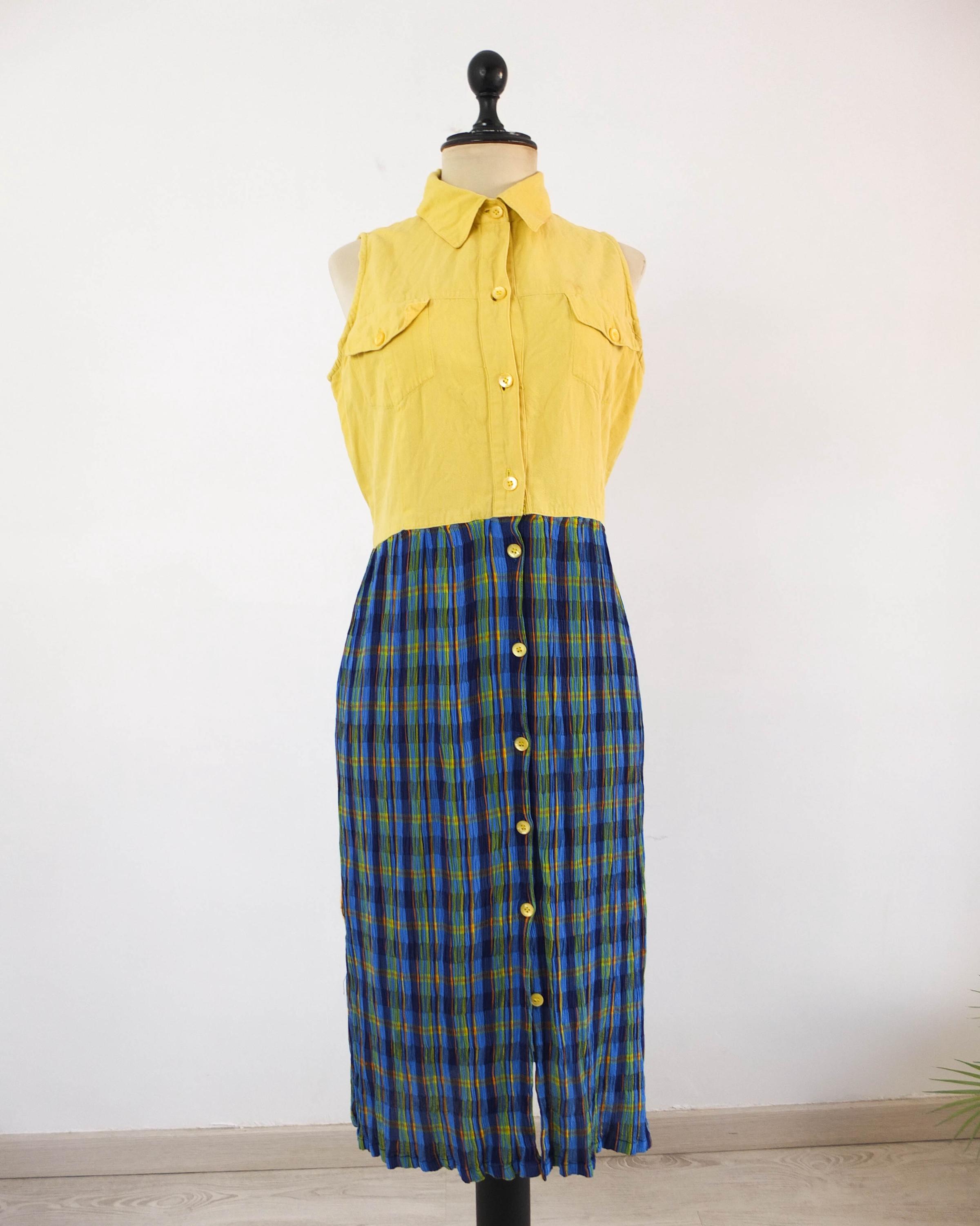 Vintage 90s grunge plaid maxi dress, Vintage checked button up dress, Vintage yellow blue plaid sundress, 90s plaid long dress size M L