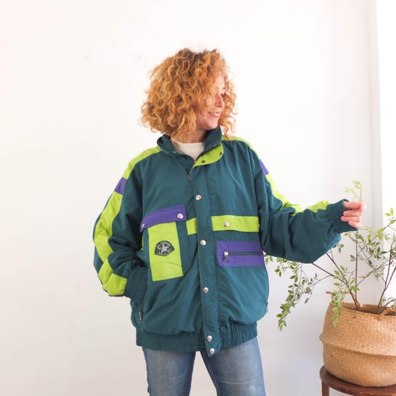 Vintage 90s Green Ski Puffer Coat, 1990s Color Block Puffer