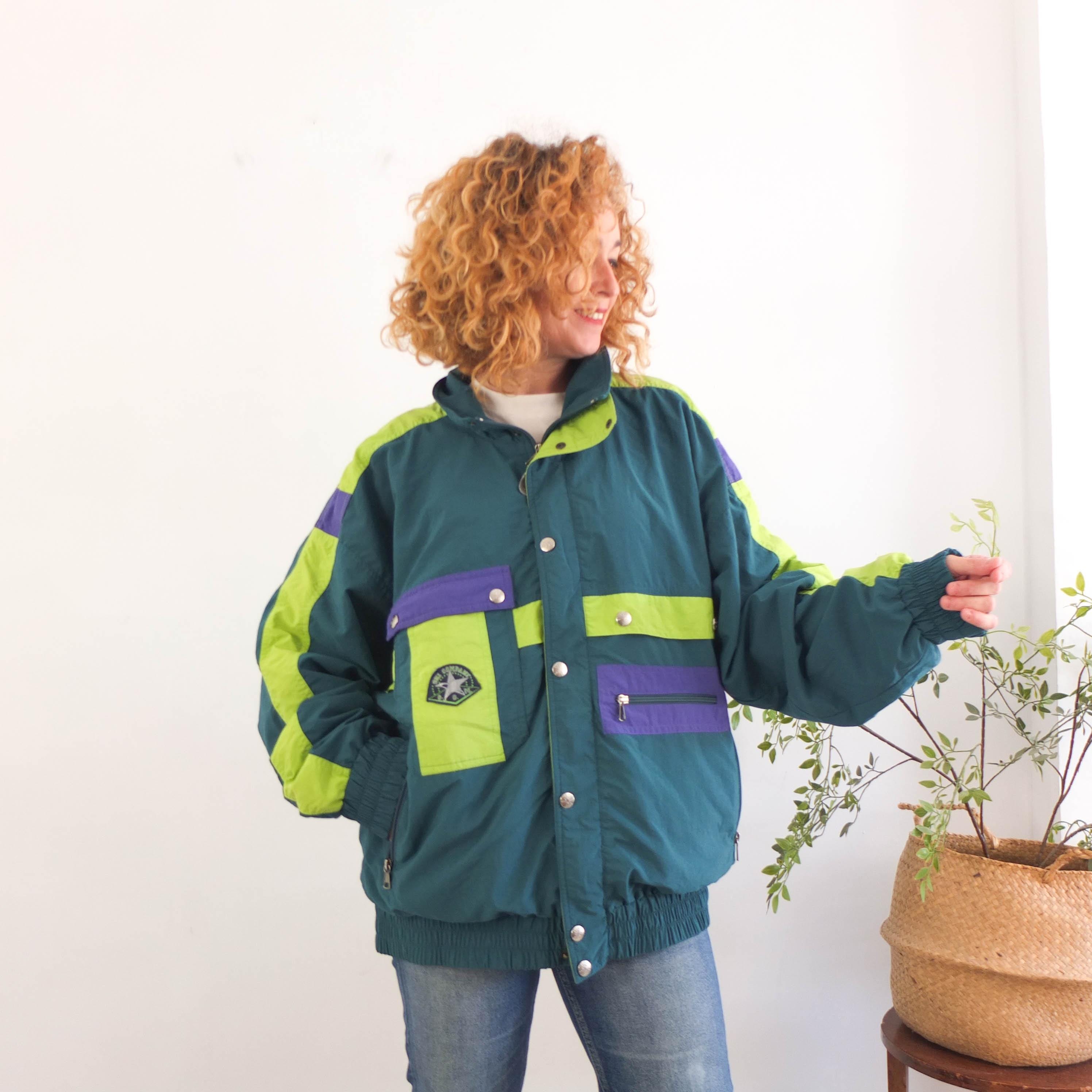 ジャケット・アウター 1990s CAESAR PureCashmere Balcollar Coat Vintage 90s Green Ski Puffer Coat, 1990s Color Block Puffer