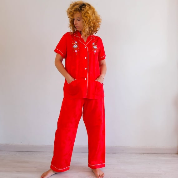 Vintage chinese pajama set, vintage red satin pant