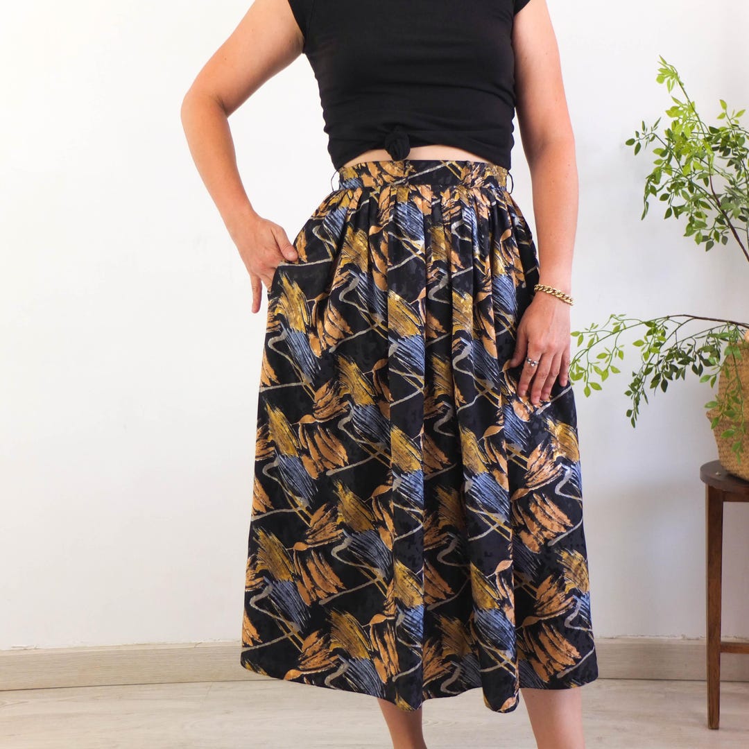 Vintage 80s Black Abstract Maxi Skirt, 80s Retro Pleated Skirt
