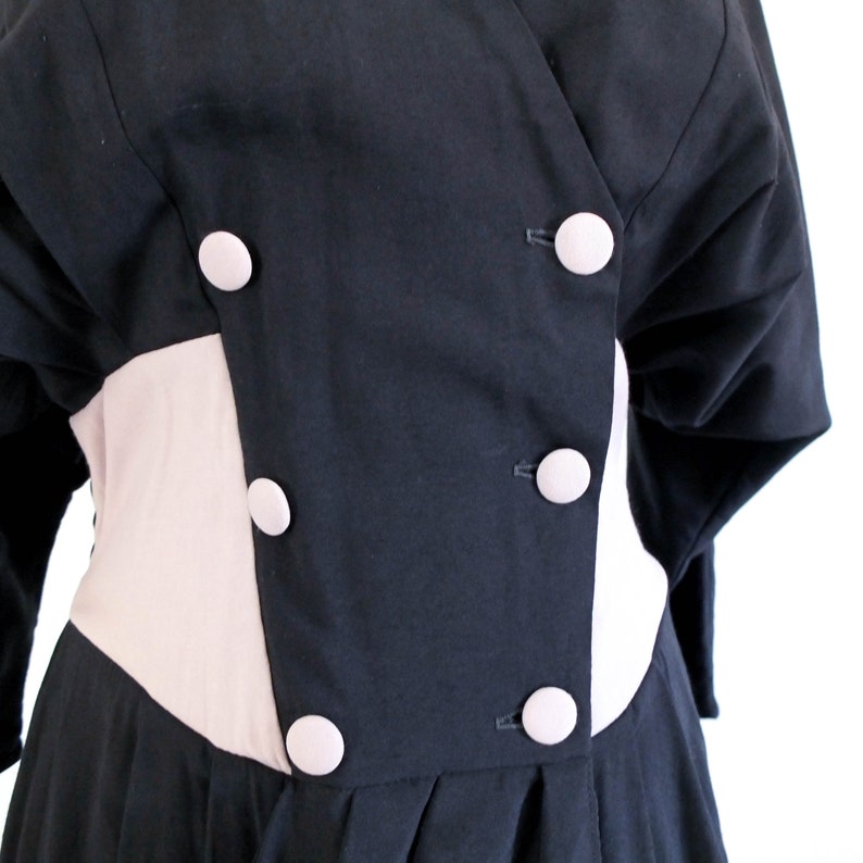 Vintage wrap double breasted dress Vintage 80s New wave black color block dress 80s bicolor bat sleeve draped dress 80s dress size large