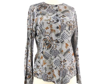 Vintage print edwardian blouse, 80s black baroque floral victorian blouse, Vintage romantic blouse, 80s gothic steampunk blouse size L