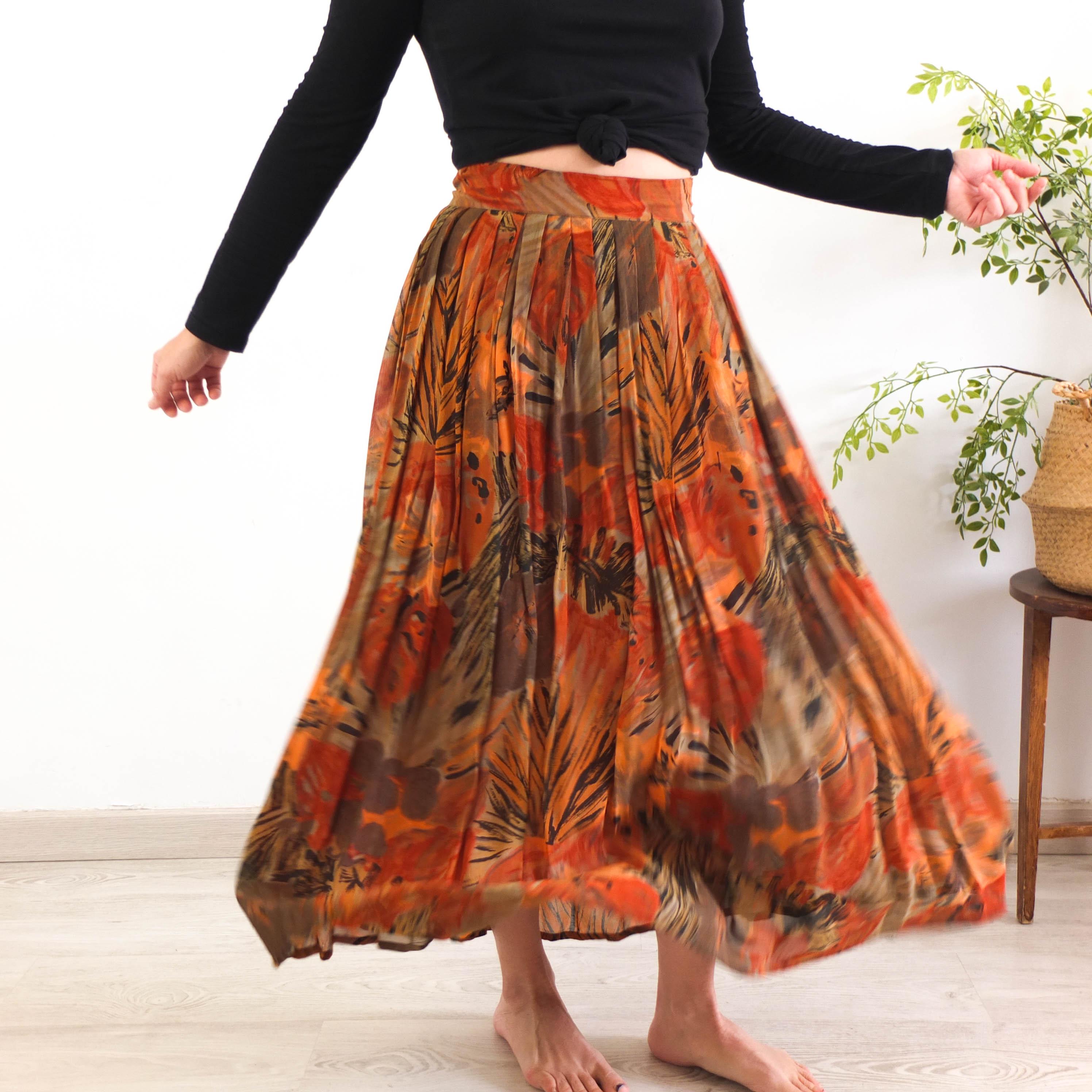 Vintage 80s Boho Chiffon Sheer Skirt, 80s Floral Pleated Maxi