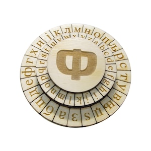 Może przedstawiać: Drewniana szyfrówka z trzema obracającymi się tarczami, każda z alfabetem cyrylickim. Tarcza środkowa ma wygrawerowaną dużą cyryliczną literę "Ф".