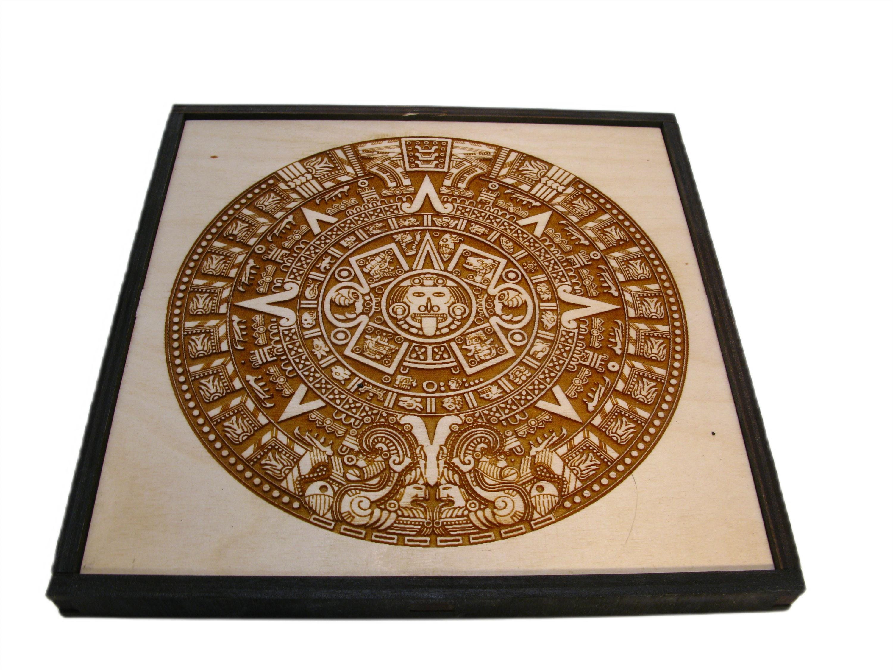 Aztec Calendar Engraved Pattern Aztec Calendar Wooden Wall Art – Hand-burned Sun Stone Engraving ...