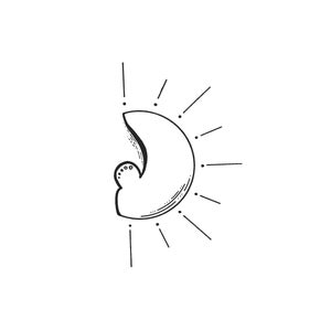 May include: A black and white line drawing of a crescent moon with a sunburst behind it.