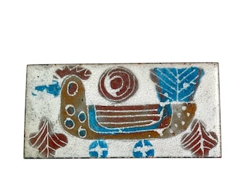 Mid Century 1960s Cool Enamel on Copper Stylized Bird Brooch Pin / 2" x 1" / Blue, Brown, White / Scandinavian Mid Century Folk Art Design
