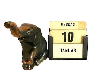 Vintage Danish Design Bronzed Metal ELEPHANT PERPETUAL CALENDAR / 2-1/2" x 3-1/2" / Original Day, Date and Month Inserts / Elephant Lover