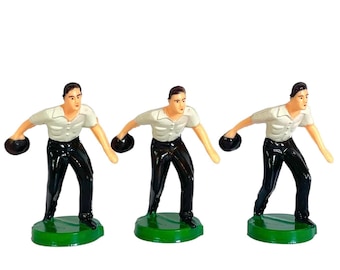 Vintage 1960s Lot of Three Reusable BOWLING Men CAKE TOPPERS / Retro Party Decor / Cupcake Toppers / Bowling Enthusiast / Baker's Supplies