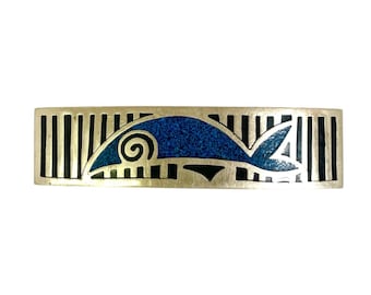 Mid Century 1960s MEXICAN ALPACA Whale/Fish Design Curved BARRETTE / French Spring Clip Clasp / 4-1/8" x 1" / Retro Hair Accessory / Rare!