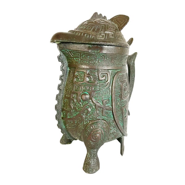 Mid Century Cool James MONT Footed Verdigris Green Lidded PITCHER Ice Bucket / Classic Asian Inspired Design / Fab Bar Cart Display!