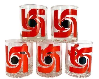 Vintage 1960s Set of Five LIBBEY LOWBALL GLASSES / Mid Century Orange and Black Super Graphics Geometric Design / 3-1/2" x 2-3/4" / Fab!