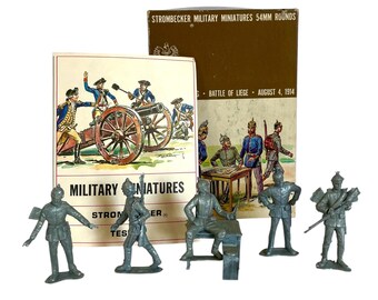 Vintage 1960s Set of 6 Unpainted Metal STROMBECKER MILITARY MINIATURES in Original Box With Original Fold Out Instruction Booklet / Rare!