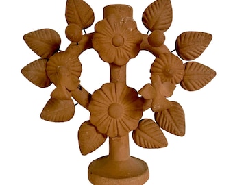 Vintage (1970s) Mexican Folk Art Tree of Life Candleholder / 8-1/4" x 9" / Hand Crafted Terra Cotta Folk Art / Fab Display / Fab Decor!