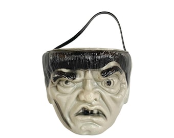 Vintage Empire Plastics FRANKENSTEIN BLOW MOLD Candy Bucket / Trick or Treat Pail / 6-1/4" x 8" / Fun, Funky Halloween Decor / Fab Display!
