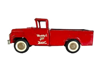 Vintage 1960s BUDDY L Red Pressed Steel Traveling Zoo Pick-Up TRUCK / 13" x 6" x 5" / Toy Collector / Pick-Up Lover / Fab Playroom Decor!