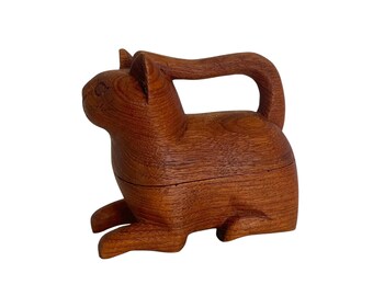 Vintage Carved Teak Wood CAT TRINKET BOX With Hidden Storage Area / 5-1/4" x 4-3/4" / Jewelry, Secret Stash Holder / Fab Cat Lover Display!