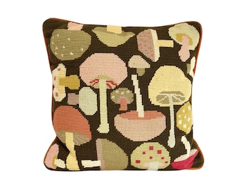 Vintage 1970s NEEDLEPOINT MUSHROOM and Toadstool Designed Zippered Throw PILLOW Cover and Insert / 13-3/4" x 14-3/4" / Fab Retro Decor!