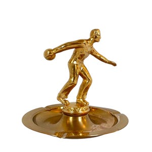 Vintage 1950s BOWLING GUY Gold Painted Metal ASHTRAY / Trinket Keeper / 7" x 7" / Catchall Dish / Retro Tabletop Style / Bowling Love / Fab!