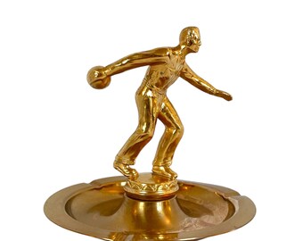 Vintage 1950s BOWLING GUY Gold Painted Metal ASHTRAY / Trinket Keeper / 7" x 7" / Catchall Dish / Retro Tabletop Style / Bowling Love / Fab!