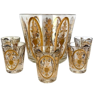 Retro (60s) UTD Glass ICE BUCKET and Five Shot Glasses / 22K Gold Paint / Very Good Condition / Bar Cart Styling / Vintage Barware Style