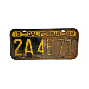 Retro Original 1942 Metal CALIFORNIA LICENSE PLATE / Used, Rusty Condition / 14&quot; x 6-14&quot; License Plate Collector / Rare, Collectible Find!
