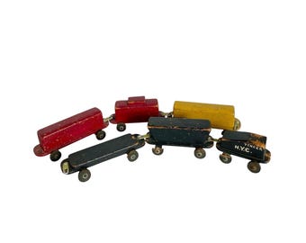 Antique 1940s Hand Crafted Wooden TRAIN CAR SETS / Six Hand Painted New York City Tender Train Cars / Train Lover / Rare, Unique Finds!