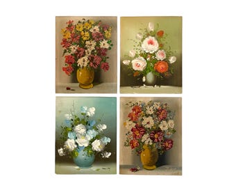 Vintage Collection of Four Unframed and Signed Original FLORAL BOUQUET Oil PAINTINGS / 10-1/8" x 8-1/8" / Fab Gallery Wall Decor / Rare!