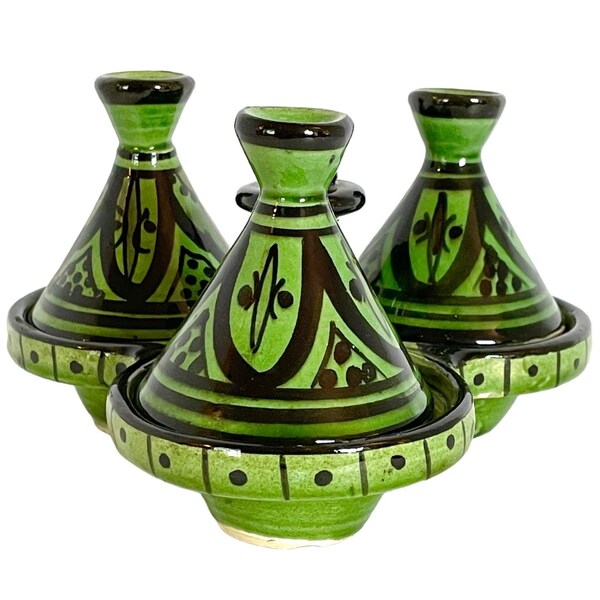 Vintage Hand Crafted Small Moroccan CERAMIC SPICE Trio TAGINE / Very Good Condition / 6" x 3-3/4" / Soice Container / Countertop Display