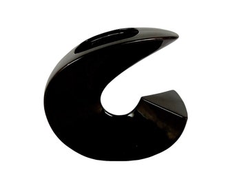 Mid Century Modern 1960s Black Glazed Ceramic Ikebana Vase / Made in Japan