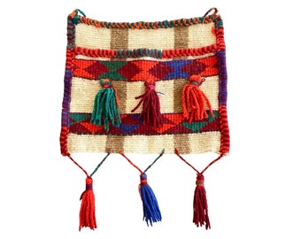 Vintage Peruvian WOOL HANGING POUCH With Tassels / 25" x 18-1/2" / Colorful Boho Wall Decor / Nursery, Playroom, Mudroom, Home Office Decor