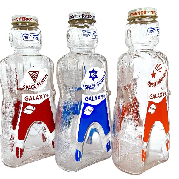 Mid Century Cool Set of Three GALAXY SODA Syrup BOTTLES / Vintage Coin Banks / Very Good Condition / Space Scout / Orbit Admiral / Rare Find