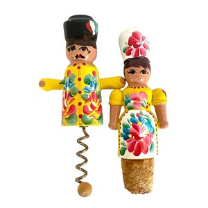 Retro Cool Whimsical PAINTED Wooden CORKSCREW and CORK Set / Very Good Condition / Vintage Colorful Barware / Bar Cart Style / Unique Finds!