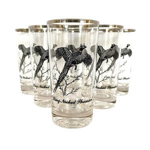 Retro (60s) Cool Set of Six Federal Glass Silver Rimmed GAME BIRD GLASSES / 12 Oz. Ring Necked Pheasant Design / Retro Barware / Bird Love