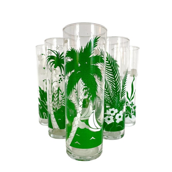 Vintage (60s) Set of Six LIBBEY Palm Trees and Flowers Drinking GLASSES / Very Good Condition / Retro Barware / Entertaining Style / Cool!