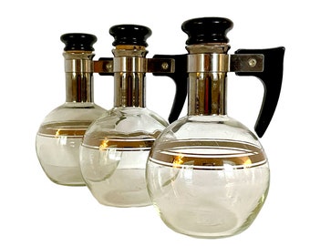 Mid Century Set of 3 Small GLASS CARAFES / 6-1/2' X 4' / Syrup, Milk, Cream Pitchers / Good Condition / Retro Mod Bruch Style / Fun Find!