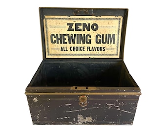 Vintage 1940s ZENO Chewing Gum METAL Cash BOX With Working Key / Used Condition / 10-3/4" x 6-1/2" / Fab Display / Advertising Collector