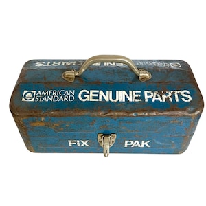 Retro Industrial Blue METAL American Standard TOOL BOX / Good, Well-Used, Preowned, Worn Condition / 15&quot; x 6-1/2&quot; x 7-1/4&quot; / 3 Shelf Storage