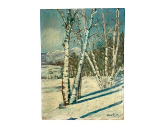 Vintage 1960s Winter BIRCH TREE PAINTING / Signed Acrylic Art / Unframed / 12x9" / Gallery Wall Decor