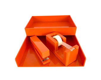 Vintage Poppin Four Piece Bright ORANGE Plastic DESK SET / Very Good Condition / Desktop Style / Orange Love / Discontinued Rare Find!