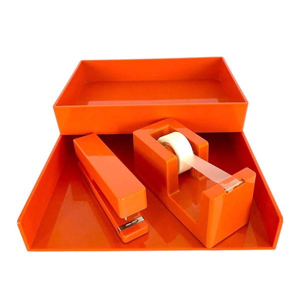 Vintage Poppin Four Piece Bright ORANGE Plastic DESK SET / Very Good Condition / Desktop Style / Orange Love / Discontinued Rare Find!