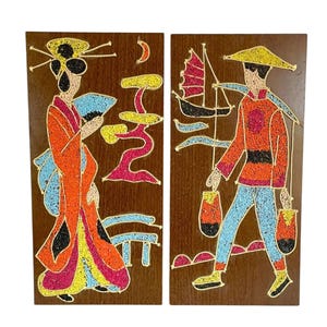 Retro (60s) Set of Hand Crafted Japanese Inspired PEBBLE ART PANELS / 16&quot; x 8&quot; / Very Good Used Condition / Colorful Gallery Wall Display!