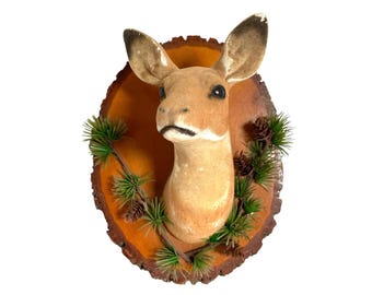 Vintage 1950s FAUX Taxidermy DEER HEAD / Flocked Plaster on Wood Plaque / 11-1/2" x 9" / Fab Gallery Wall Decor