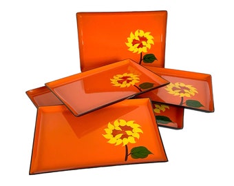 Mid Century (60s) Set of Six Otagiri (Japan) Lacquerware SUNFLOWER Design SNACK TRAYS / Very Good Condition / 7-1/2" x 5-1/2" / Cool Finds!