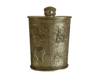 Vintage Chaopraya THAILAND PEWTER FLASK Featuring Thai Cultural Scenes and Elephants / 4-3/4" x 3-1/4" / Retro Barware