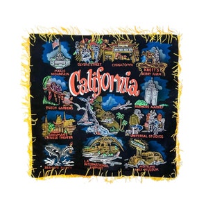 Vintage Retro Cool Rayon CALIFORNIA Landmarks PILLOW COVER / Made In Japan / 17" x 17-1/4" / Very Good Condition / Kitschy Campy Cool!