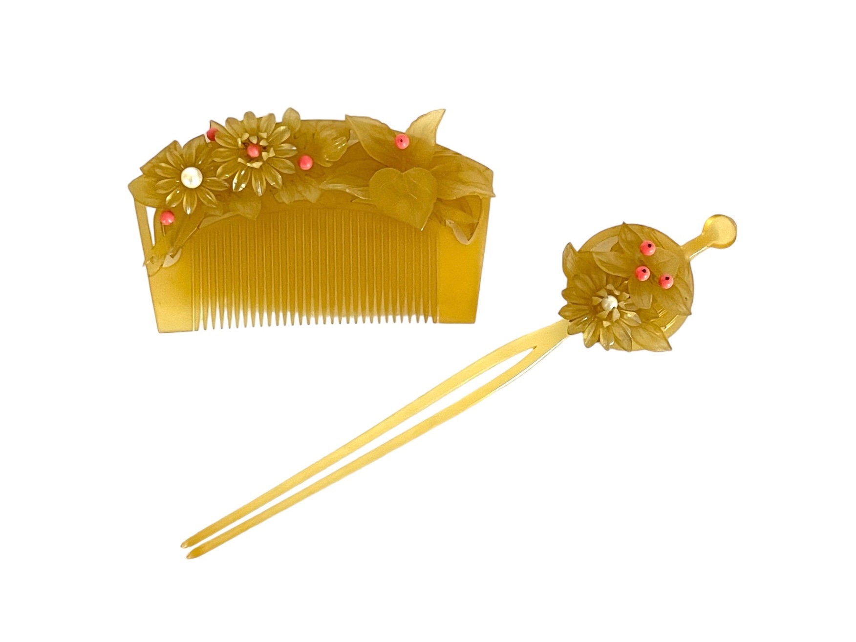 Origin Japanese handmade Celluloid Geshi hair combs set of two 38g GS615 Antique Japanese Kushi and Kogai Comb Set – Shibui Japanese  main image 2